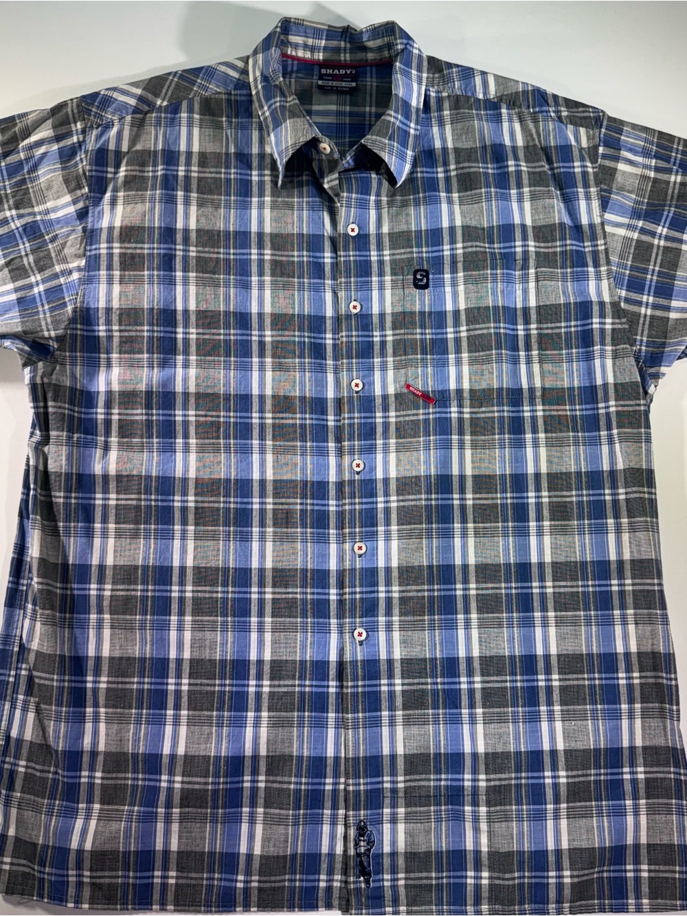 SHADY LTD. Men’s Blue Plaid Button-up, Embroidered Logo, Eminem, Vintage Y2K, XL